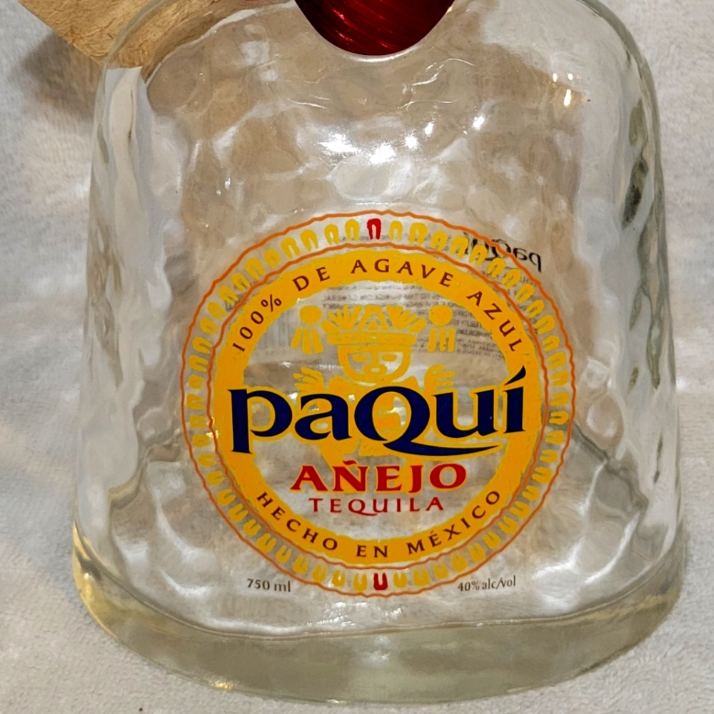 PAQUI BOTTLE, AZTEK PYRAMID DESIGN, CLEAR GLASS